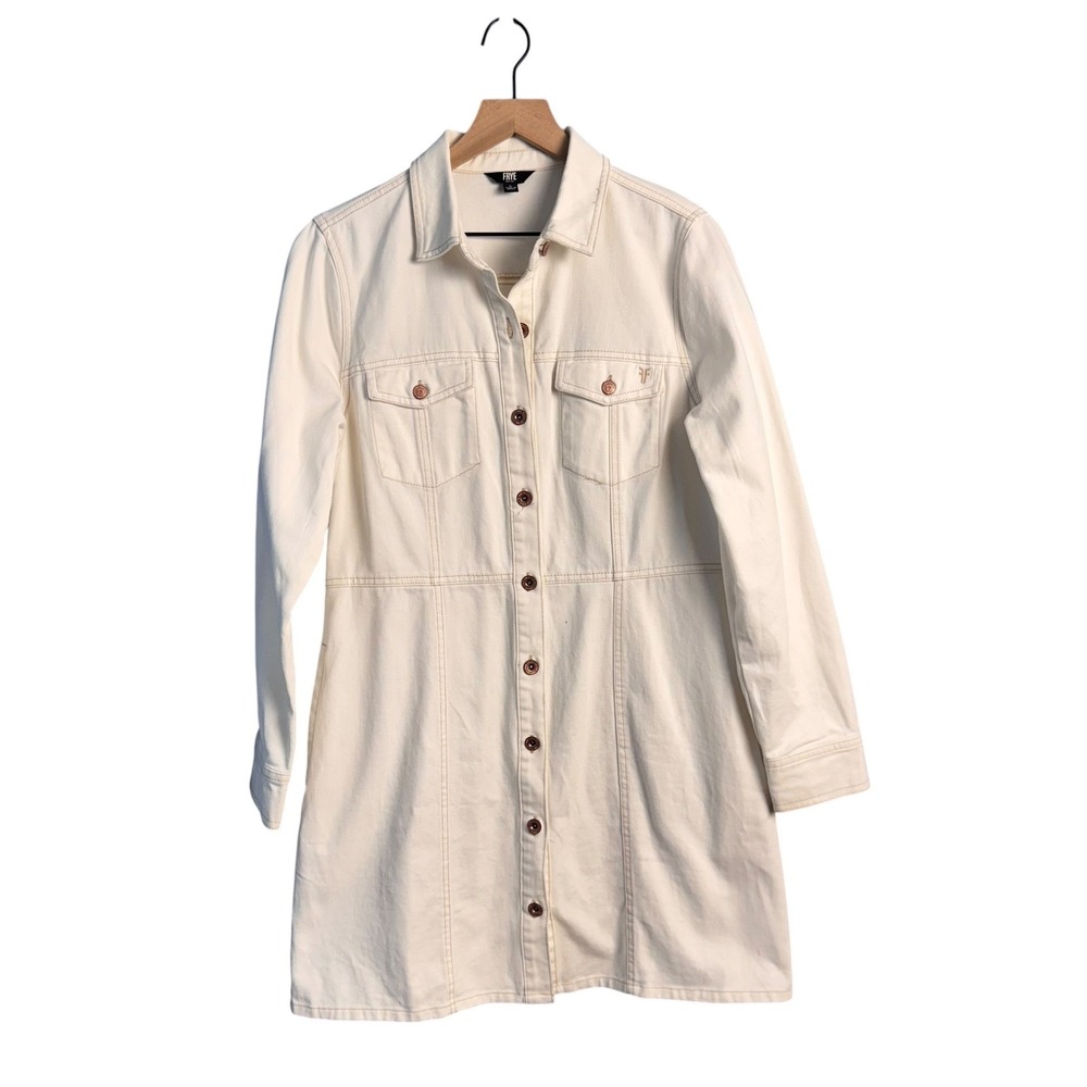 Frye Costal Cowgirl Denim White Button Front Utility Mini Dress Large Western - Picture 2 of 10